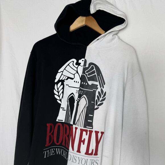 Born Fly Hoodie XL Black White Split Logo Graphic The World Is Yours Pullover - Picture 7 of 10